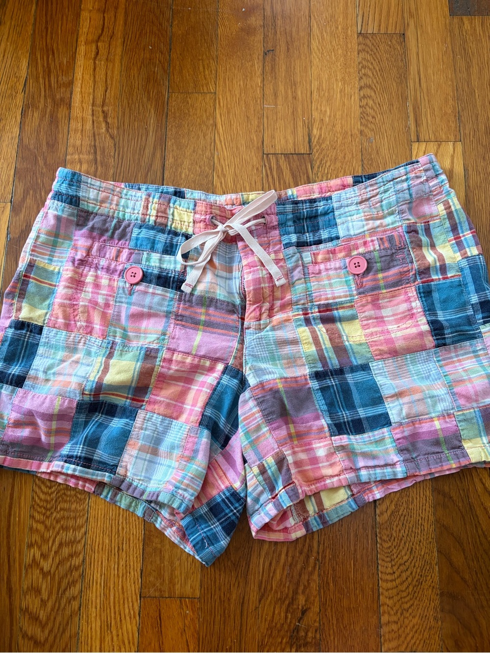 Women's Y2K Patchwork Plaid Drawstring Shorts - Pink